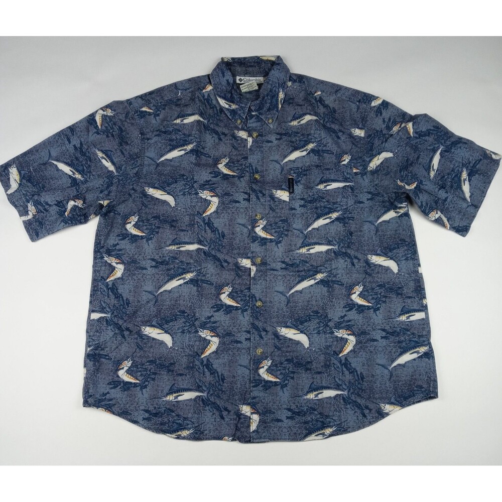 COLUMBIA Button Down Shirt All Over Print Fish Men's Size XL Short Sleeve